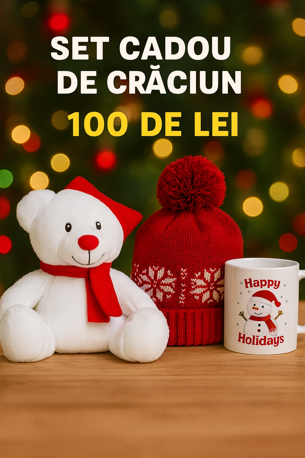 Set Cadou Crăciun – Ursuleț Pluș, Căciulă Festivă & Cană Personalizată